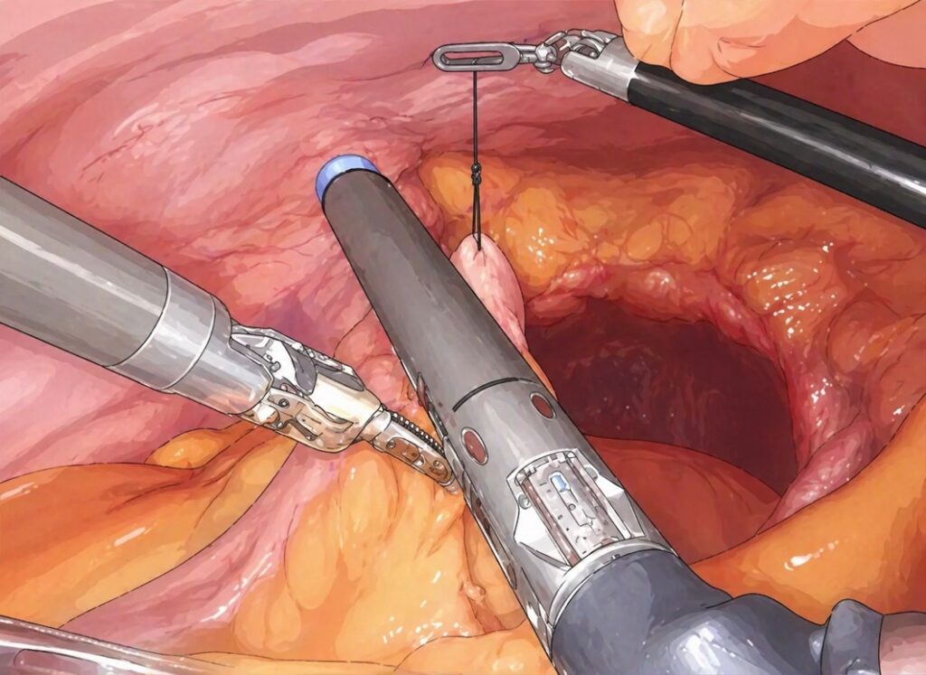 ICUD､体腔内でロボットを使用し尿路変向に使用する小腸を採取している様子
